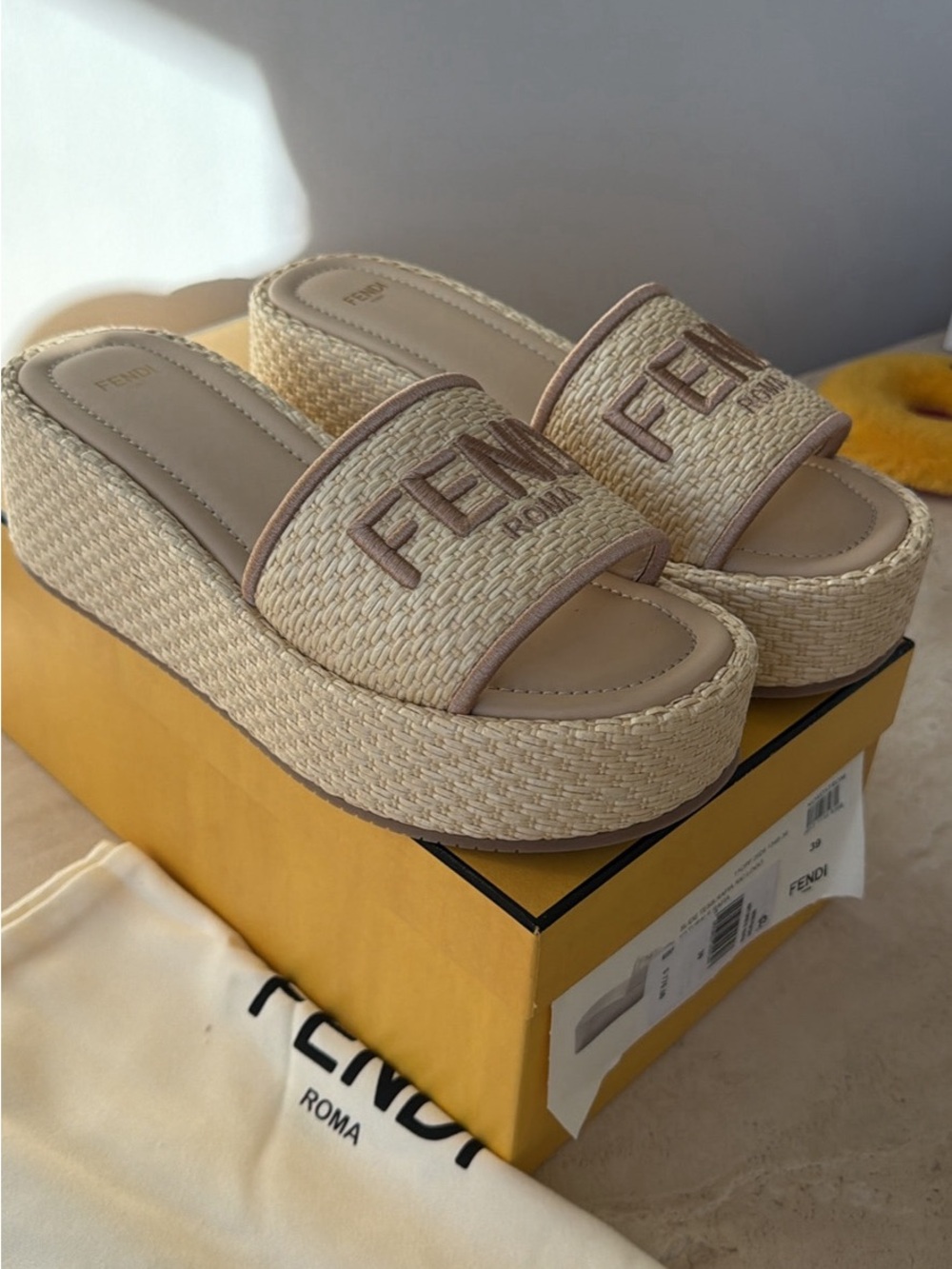 Fendi Beige Raffia Logo Slide Mules - Picture 7 of 8